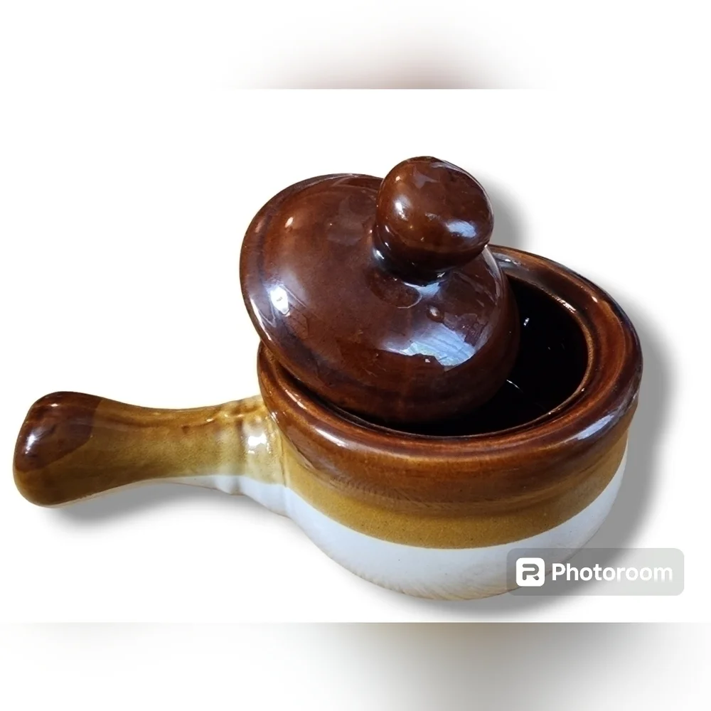 Vintage Brown Drip Stoneware Mini Crock W/ Lid & Handle Set of Two Soup